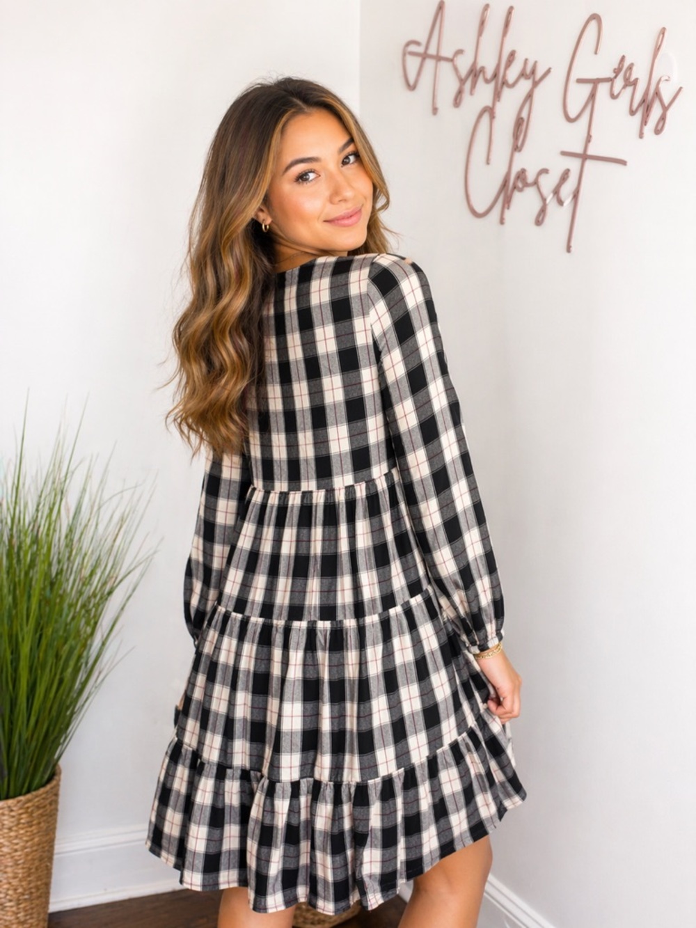 Maeve by Anthropologie Plaid Tiered Babydoll Dress | XS | Black Cream - Picture 2 of 5